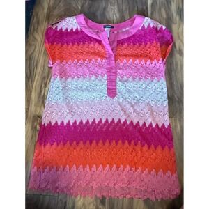 Feline Pink Orange Ombre Crochet Knit Tunic Top Sz L‎